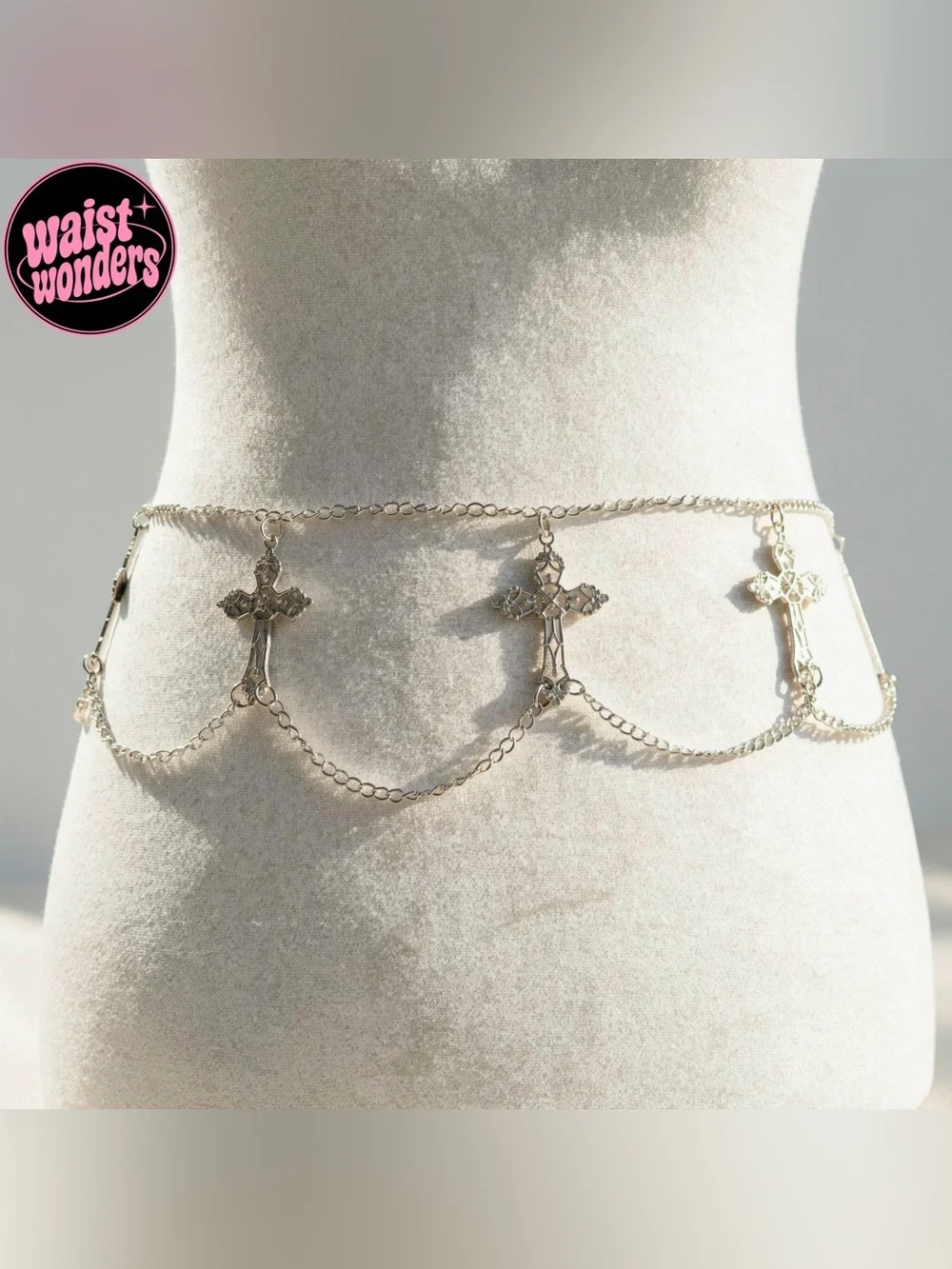 Y2K 2000s style Silver chain belt with cross charms